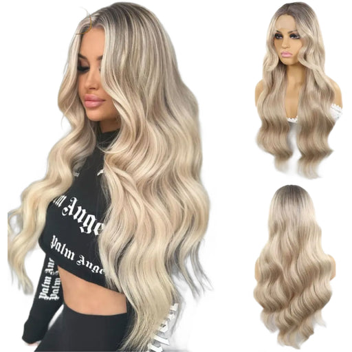 Lace Front Wig Long Blonde Higlights Human Hair Blend Lace Front Wig Body Wavy Long Blonde Front Lace Wig