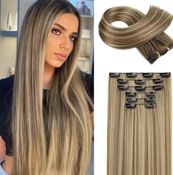 Clip-ins Extension Blonde Highlights Human Hair Blend Heat Resistant Hair Clip in Hair Extention Full Head 16 Clips/6 Pieces