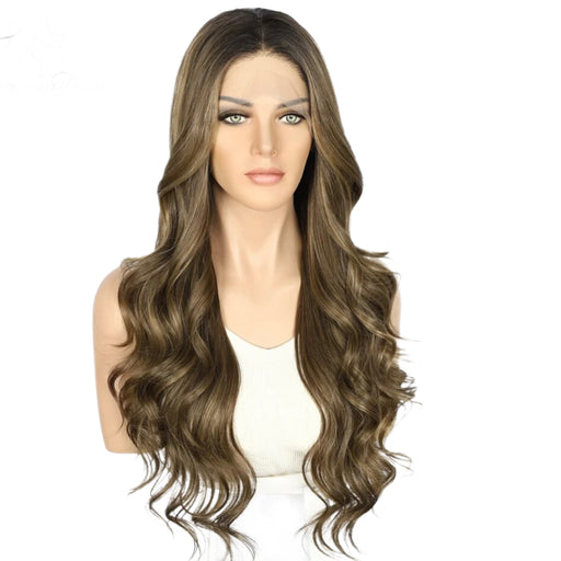 13x3 Synthetic Lace Front Wig Dark Brown Highlight Long Wavy Swiss Transparent Lace Women Daily Wear Wig