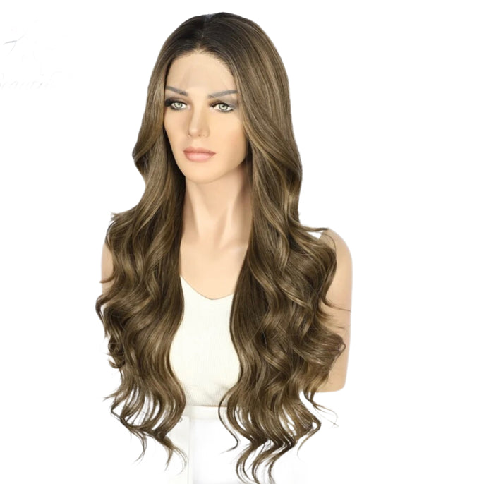 13x3 Synthetic Lace Front Wig Dark Brown Highlight Long Wavy Swiss Transparent Lace Women Daily Wear Wig