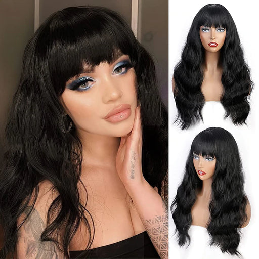 Vigorous Long Wig with Bangs Synthetic Black Wavy Wig for Women