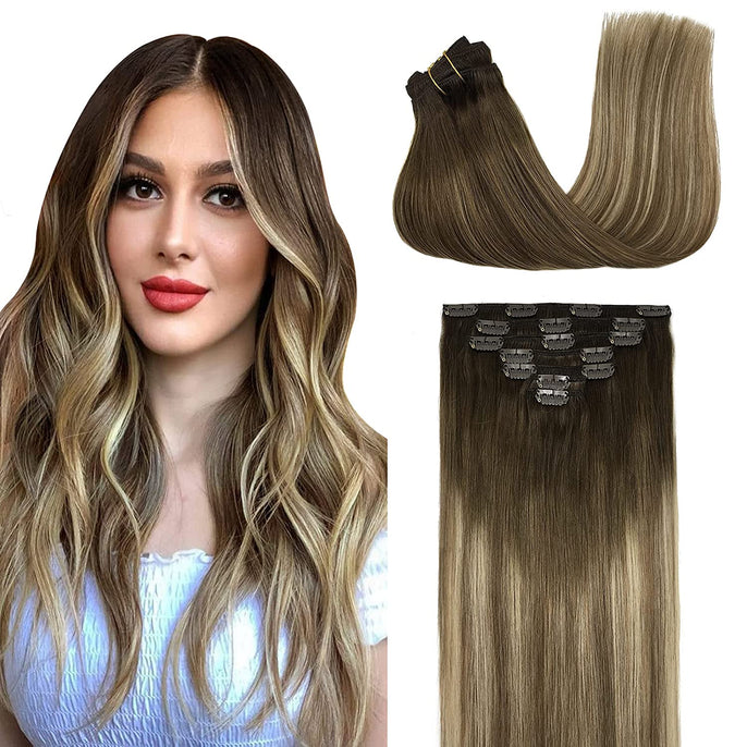 Clip-ins Extension Blonde Highlights Human Hair Blend Heat Resistant Hair Clip in Hair Extention Full Head 16 Clips/6 Pieces