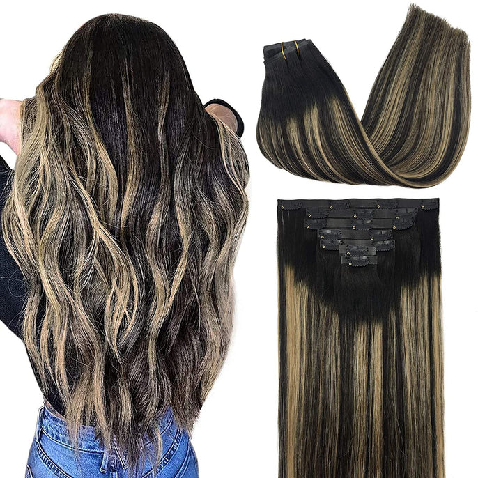 100% Natural Highlight Clip-In Human Hair Blend Extensions For Women 22” 8pcs Set