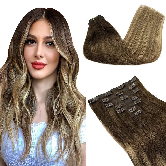 100% Natural Highlight Clip-In Human Hair Blend Extensions For Women 22” 8pcs Set