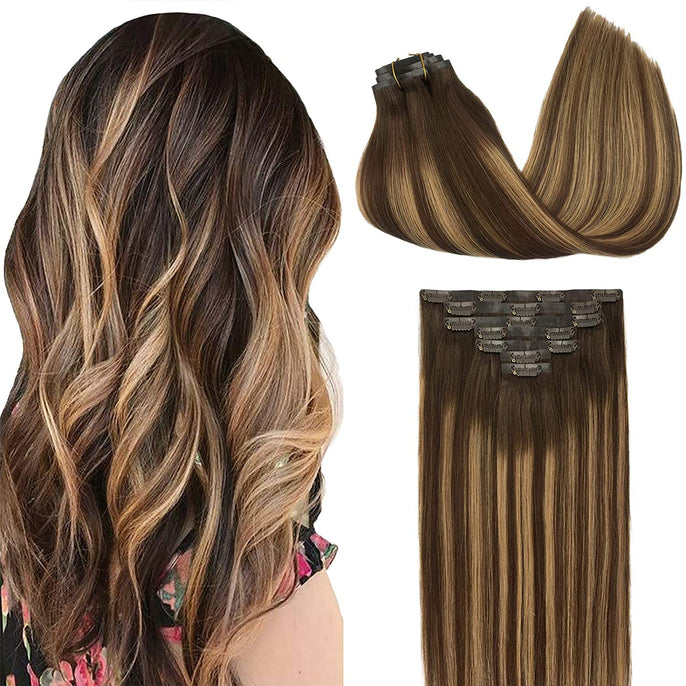 100% Natural Highlight Clip-In Human Hair Blend Extensions For Women 22” 8pcs Set