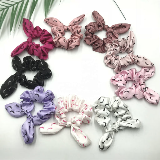 Fashion hot custom logo tag bunny ear bowknot scrunchy hair band print satin eyelash scrunchies lash scrunchie