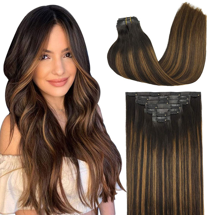 100% Natural Highlight Clip-In Human Hair Blend Extensions For Women 22” 8pcs Set