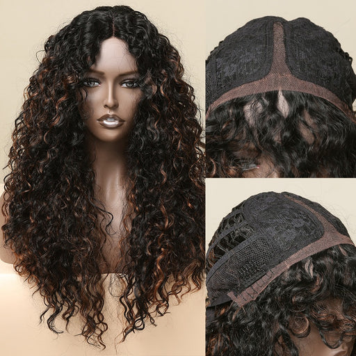 Black Mixed Brown Long Kinky Curly Lace Front Wigs for Women Afro High Density Heat resistant fiber wig