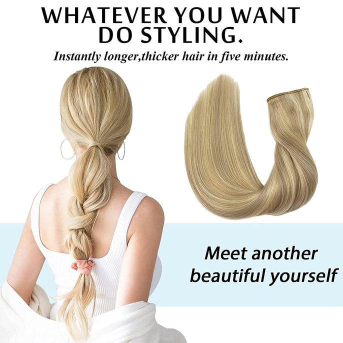 Braided Drawstring Wrap around Blonde Straight Ponytails Clip in Hair Extension Double drawn